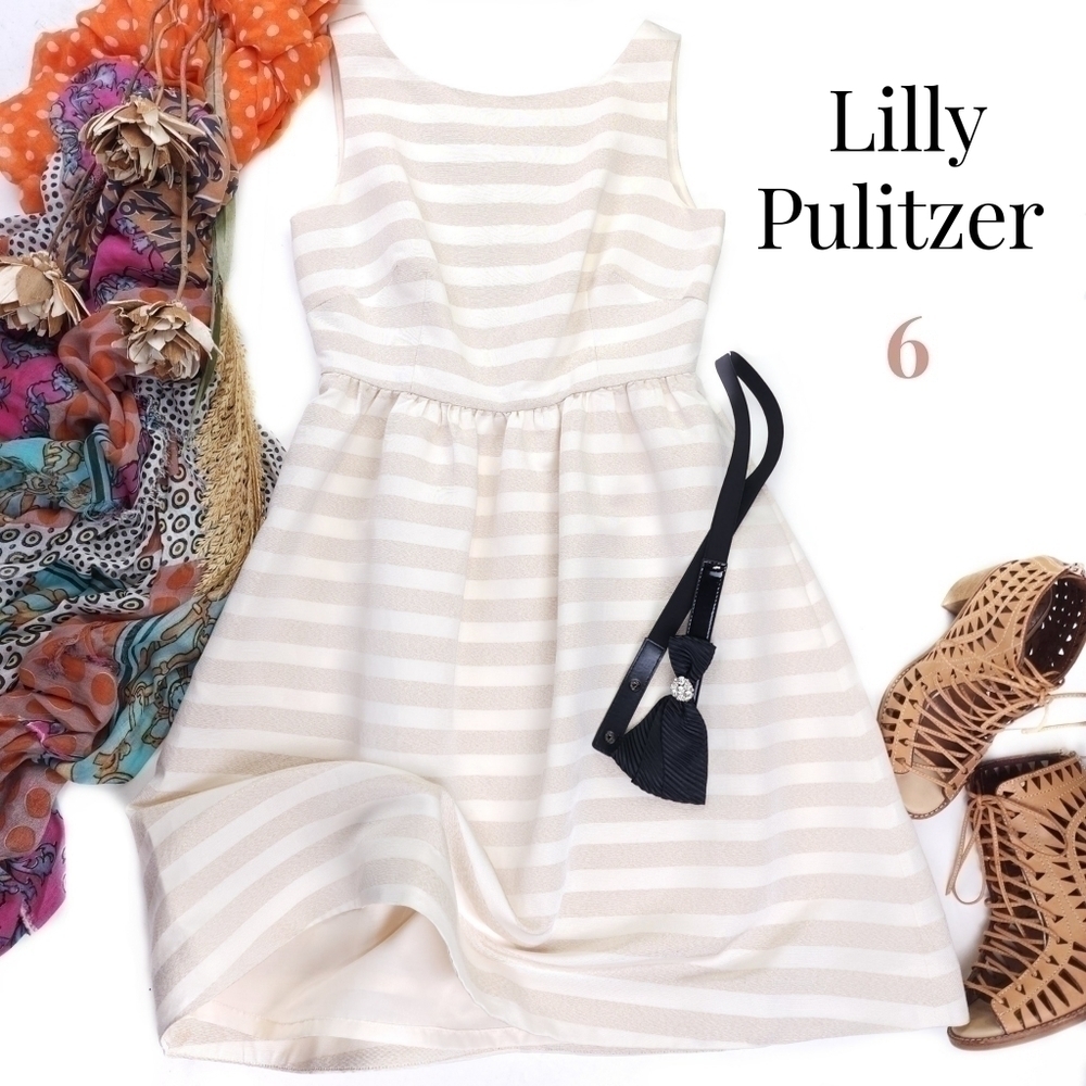 New Lilly Pulitzer Gold Cream Striped Belted Dress Sz 6